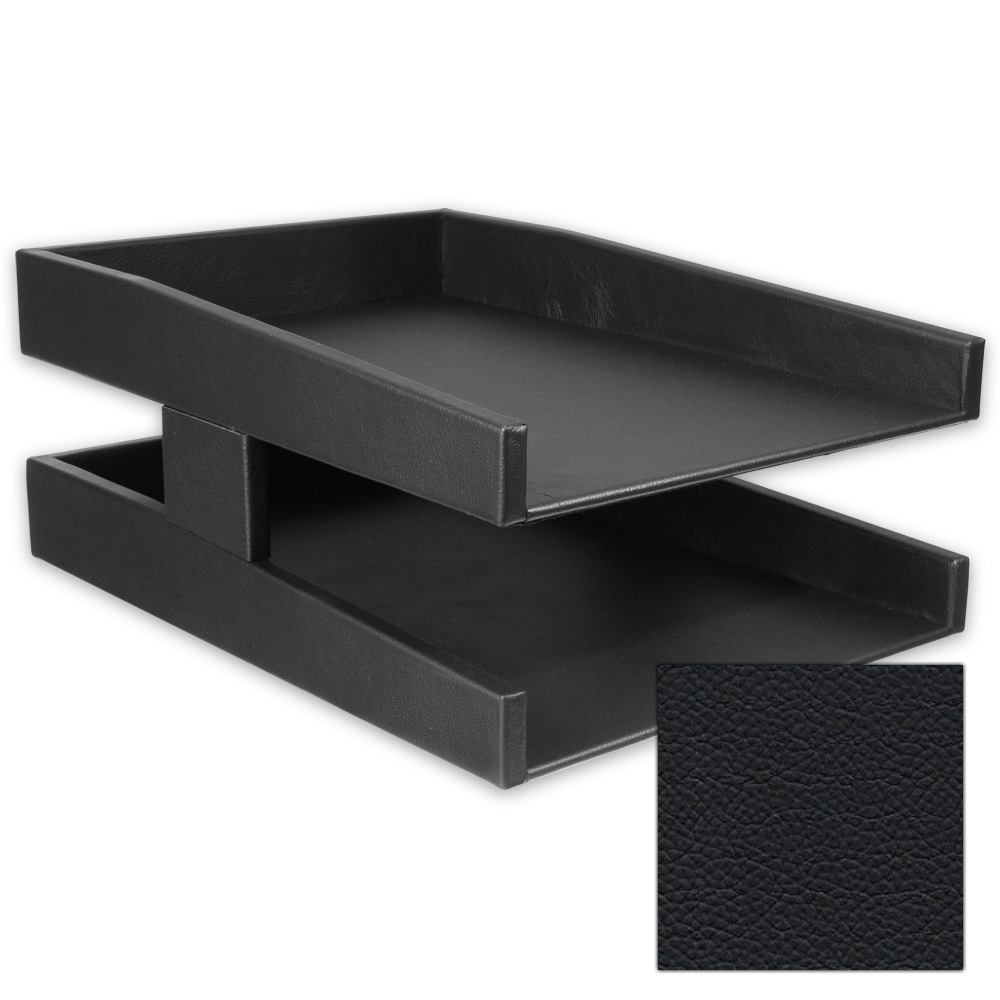 Black Leather Double Letter Tray, Black Leather Desk Letter Tray