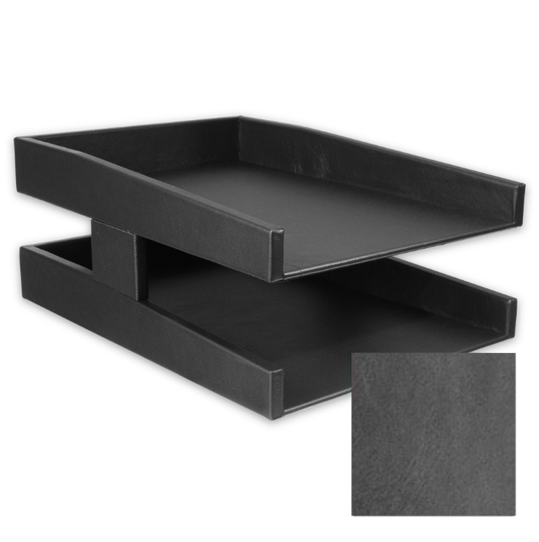 Distressed Anthracite Leather Double Letter Tray