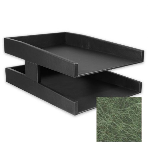 Distressed Green Leather Double Letter Tray
